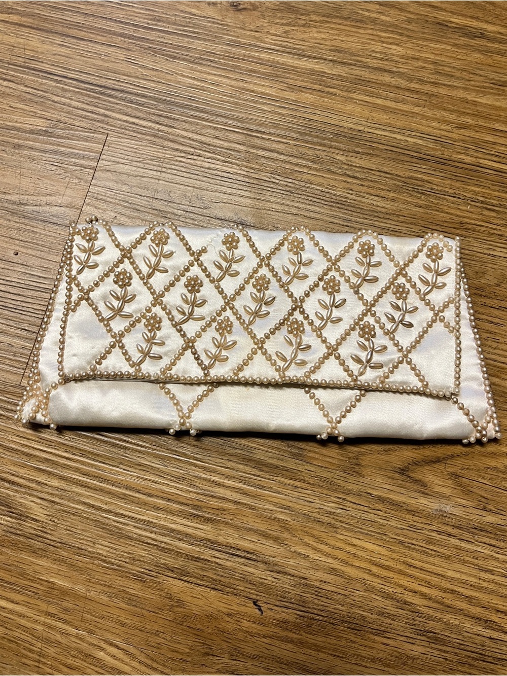 Vintage Ivory Satin Pearl Beaded Evening Clutch Bag Bridal Wedding Purse